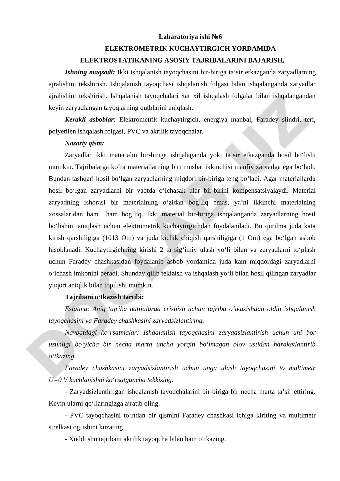 Elektrometrik kuchaytirgich yordamida elektrostatikaning asosiy tajribalarini bajarish