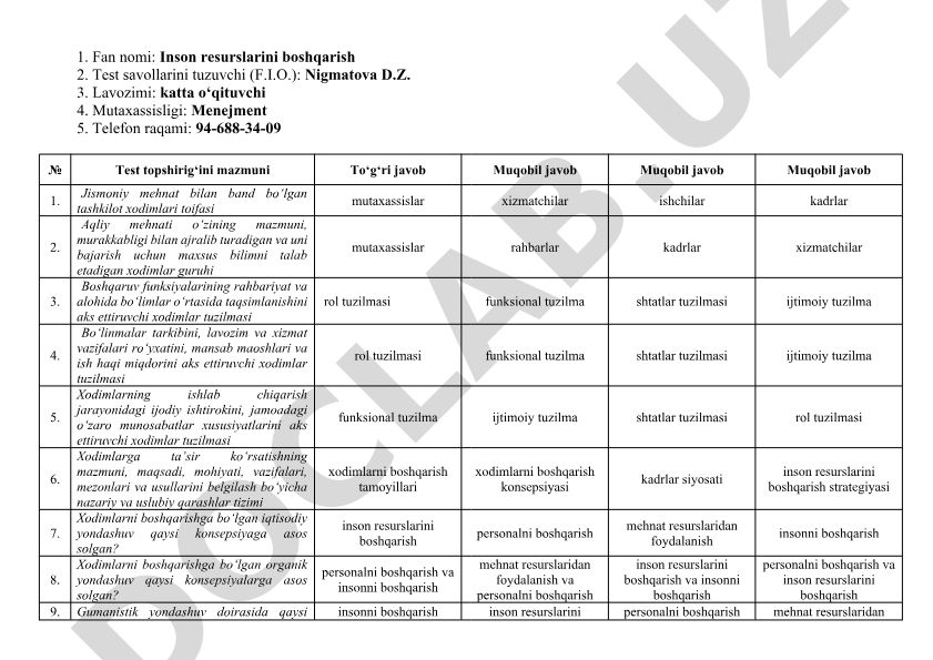 Inson resurslarini boshqarish fanidan test savollari