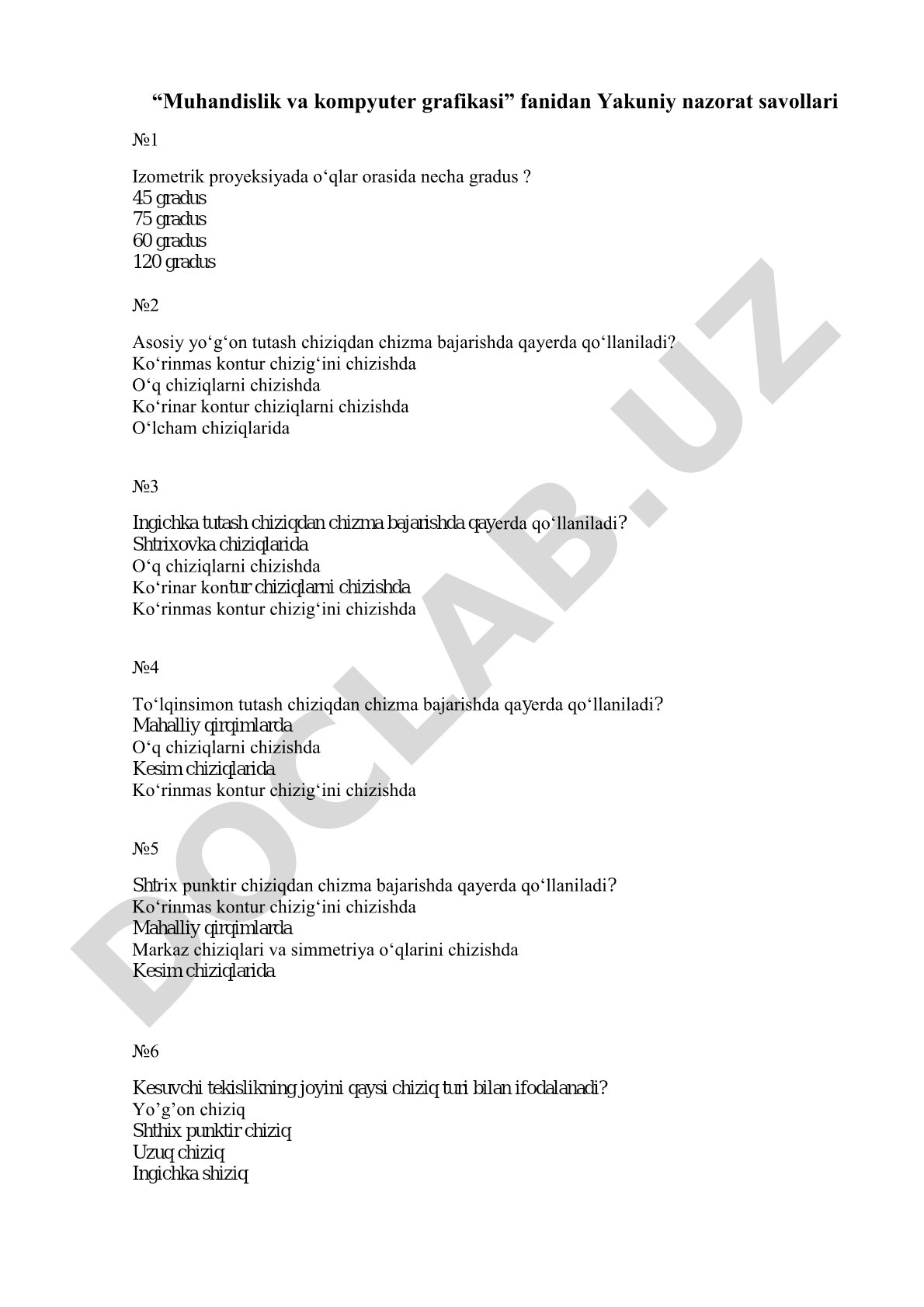 Muhandislik va kompyuter grafikasi fanidan yakuniy nazorat savollari