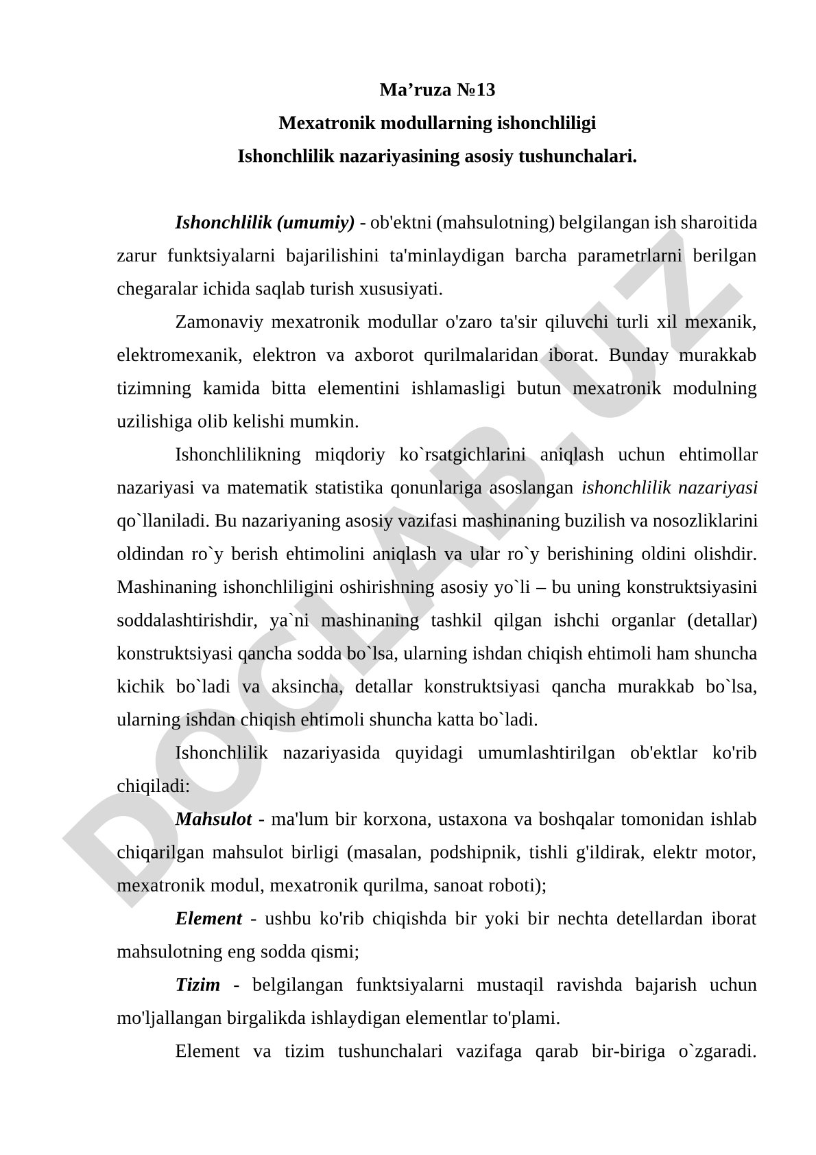 Mexatronik modullar ishonchliligi va ishonchlilik nazariyasi asosiy tushunchalari
