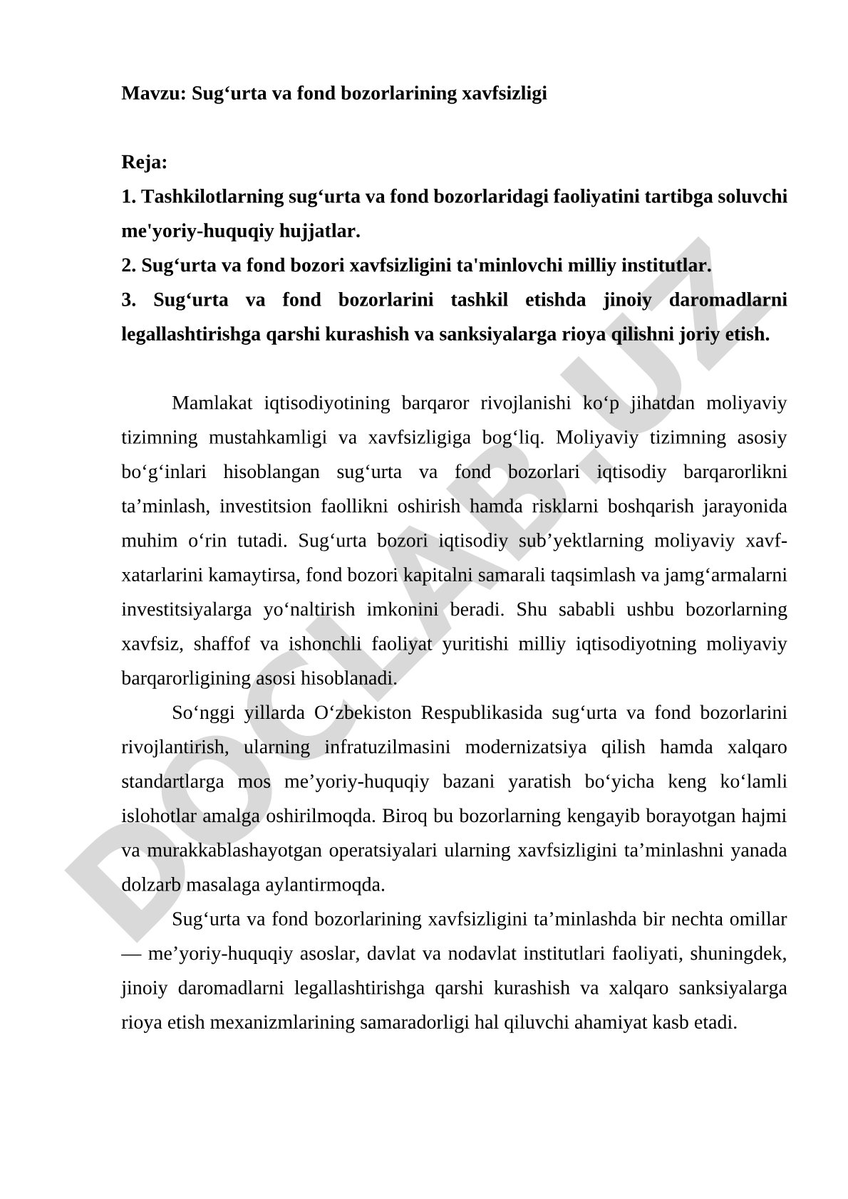 Sug'urta va fond bozorlarining xavfsizligi