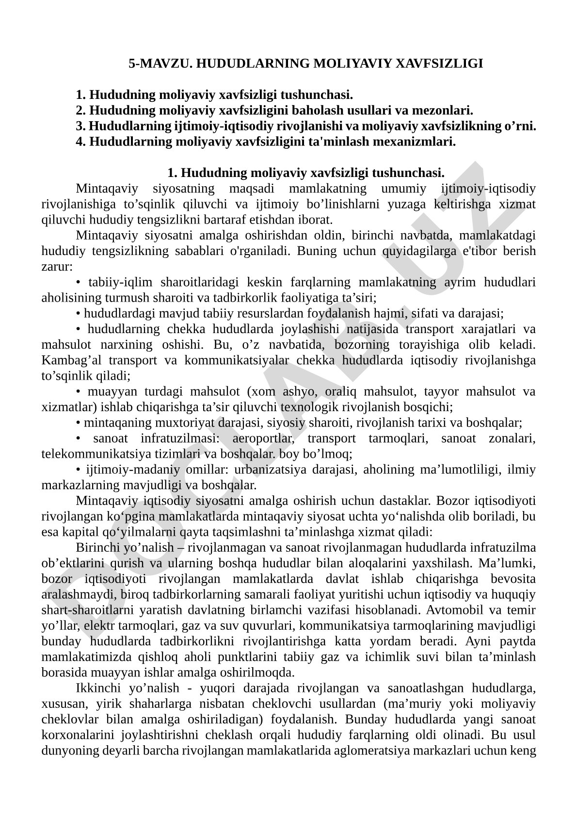 Hududlarning moliyaviy xavfsizligi: tushuncha, baholash usullari va ta'minlash