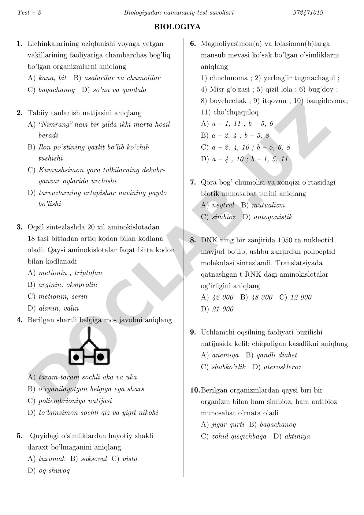 Biologiyadan namunaviy test savollari