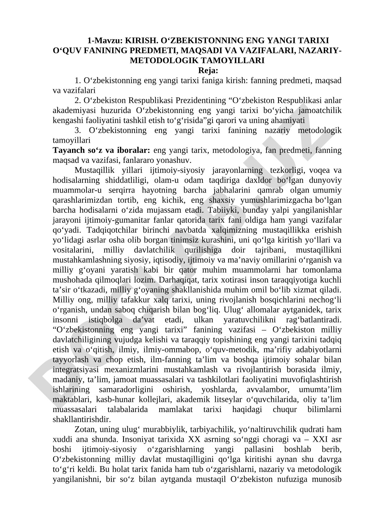 O‘zbekistonning eng yangi tarixi fanining predmeti, maqsadi va vazifalari