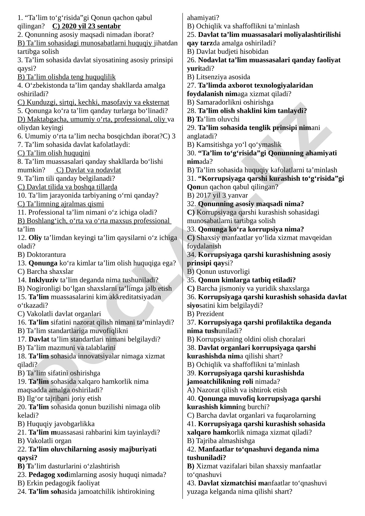 Ta'lim to'g'risidagi qonun bo'yicha test savollari