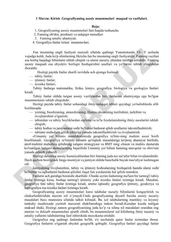 Kirish. Geografiyaning asosiy muammolari maqsad va vazifalari