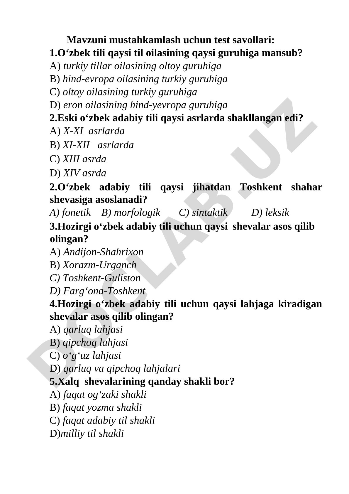 Mavzuni mustahkamlash uchun test savollari