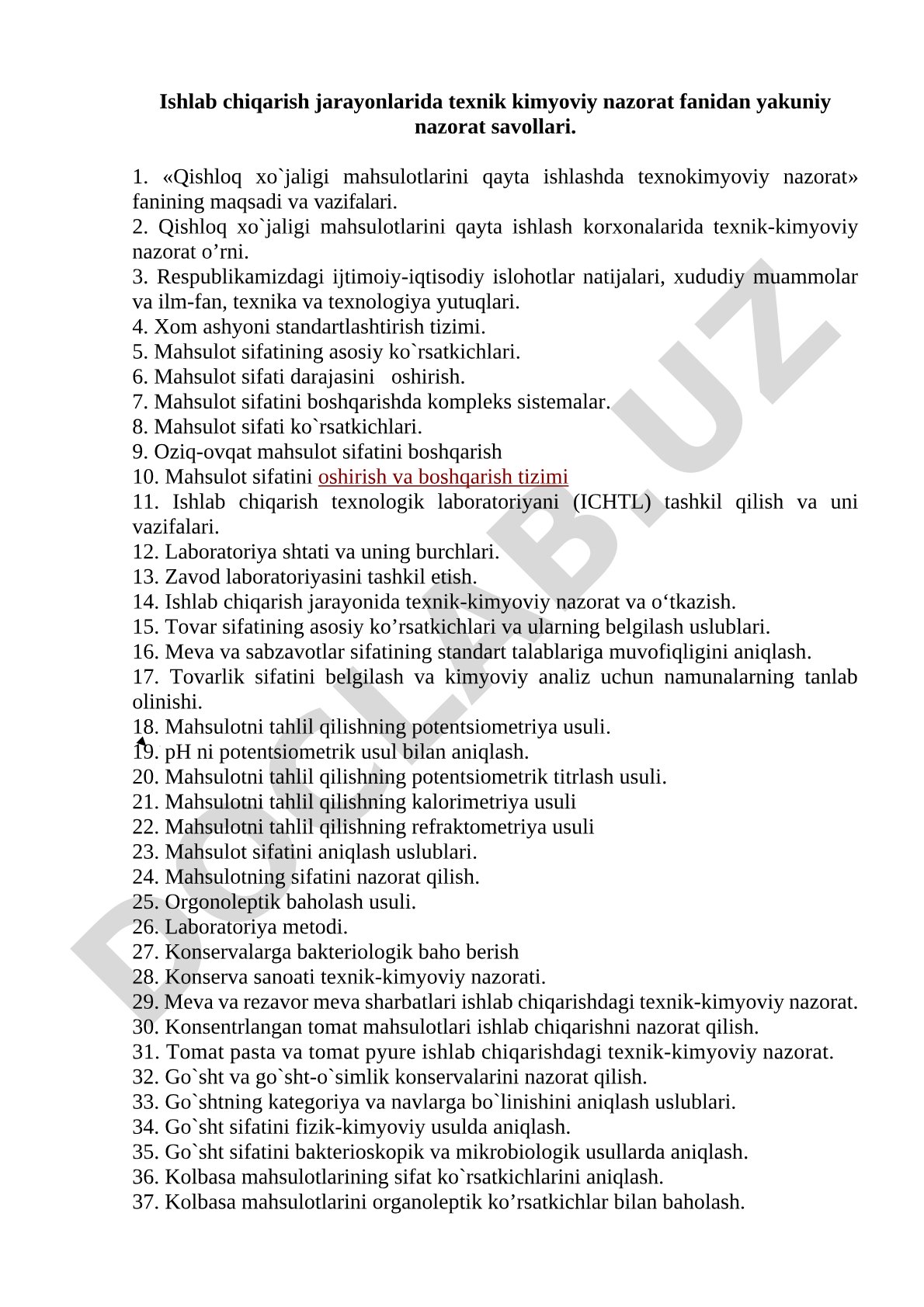 Ishlab chiqarish jarayonlarida texnik kimyoviy nazorat fanidan yakuniy nazorat savollari