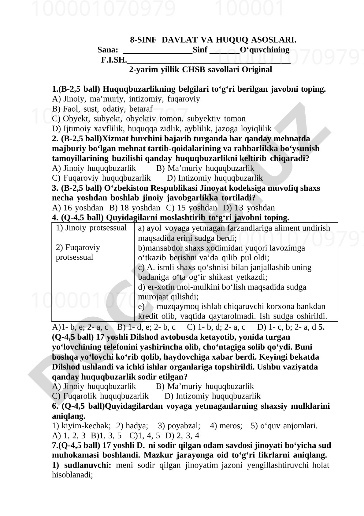 8-sinf Davlat va huquq asoslari 2-yarim yillik CHSB savollari