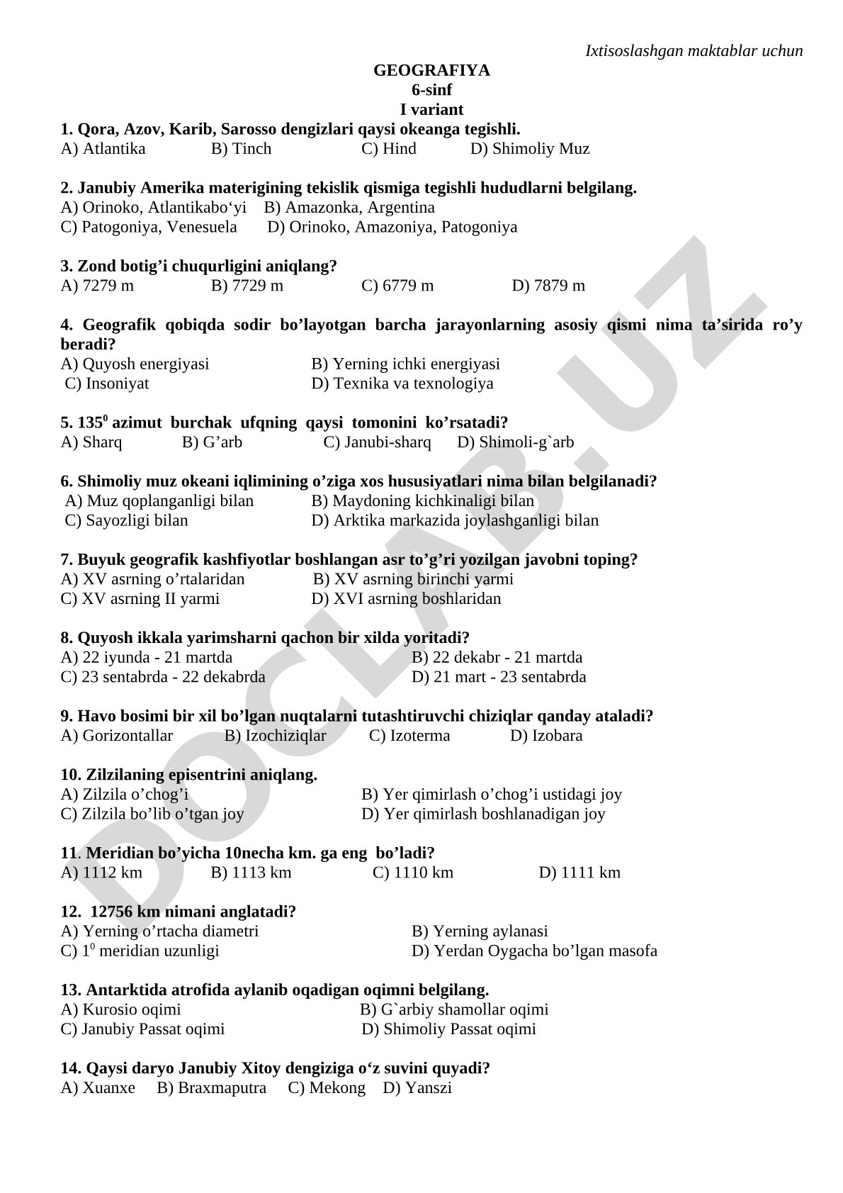 Ixtisoslashgan maktablar uchun geografiya 6-sinf I variant