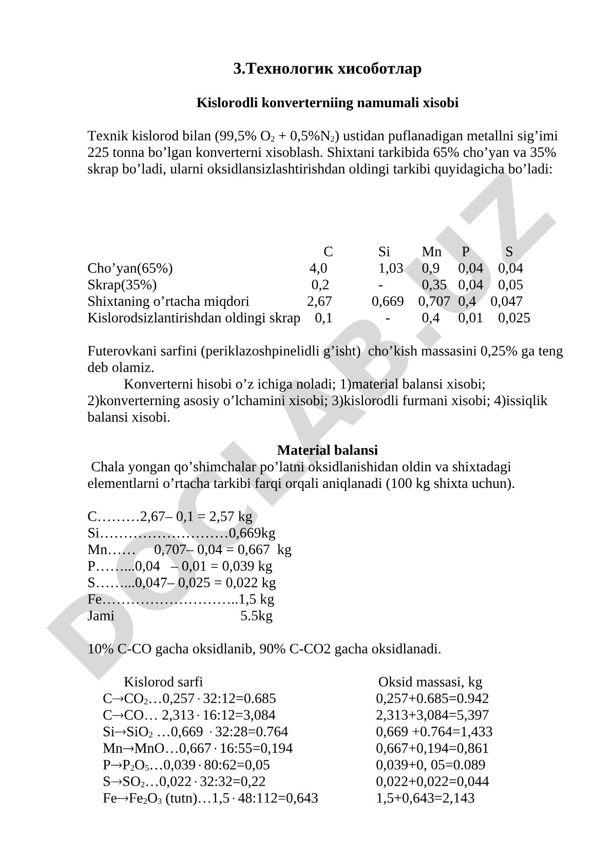 Kislorodli konverterni texnologik hisobi