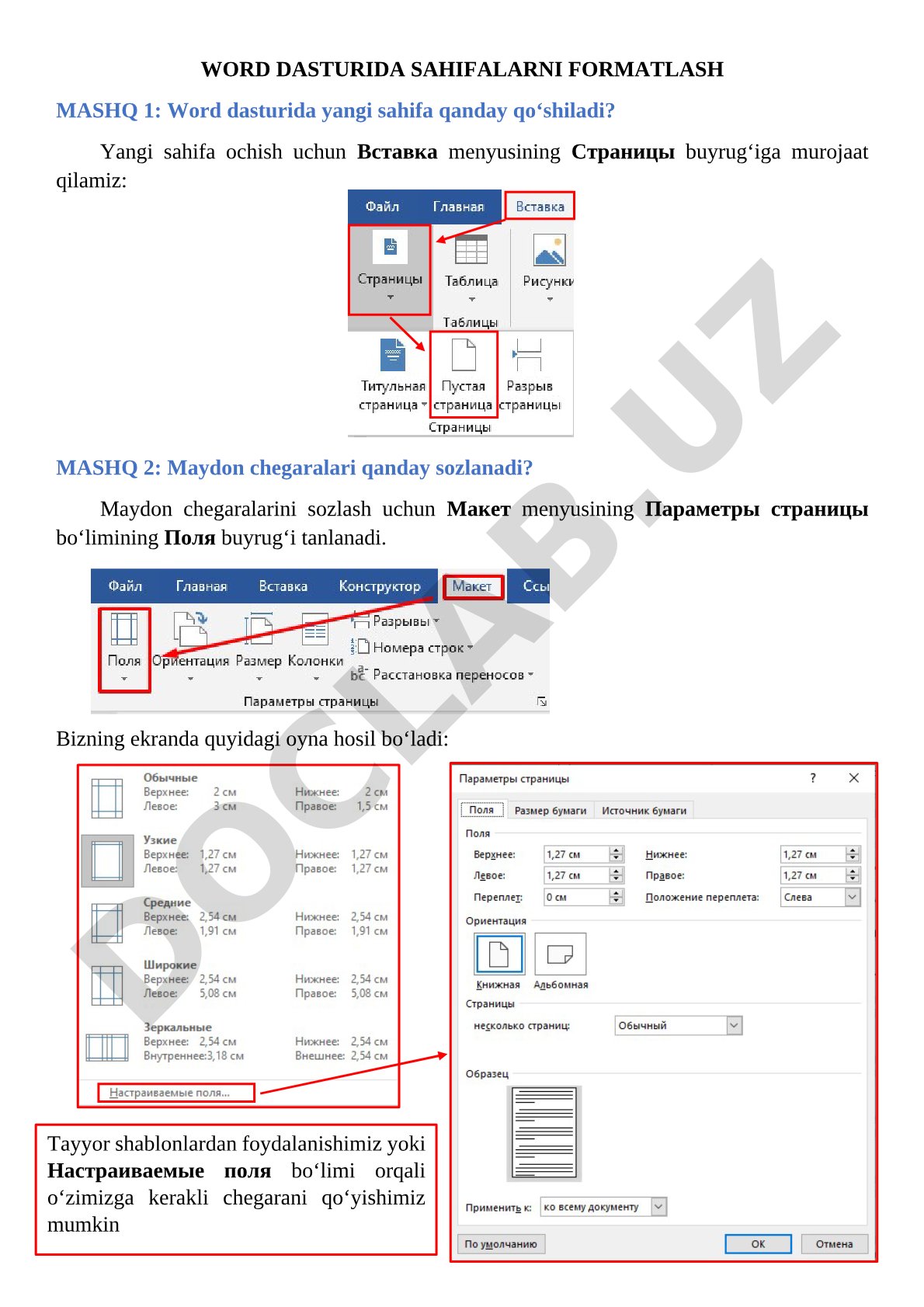 Word dasturida sahifalarni formatlash bo'yicha amaliy mashqlar