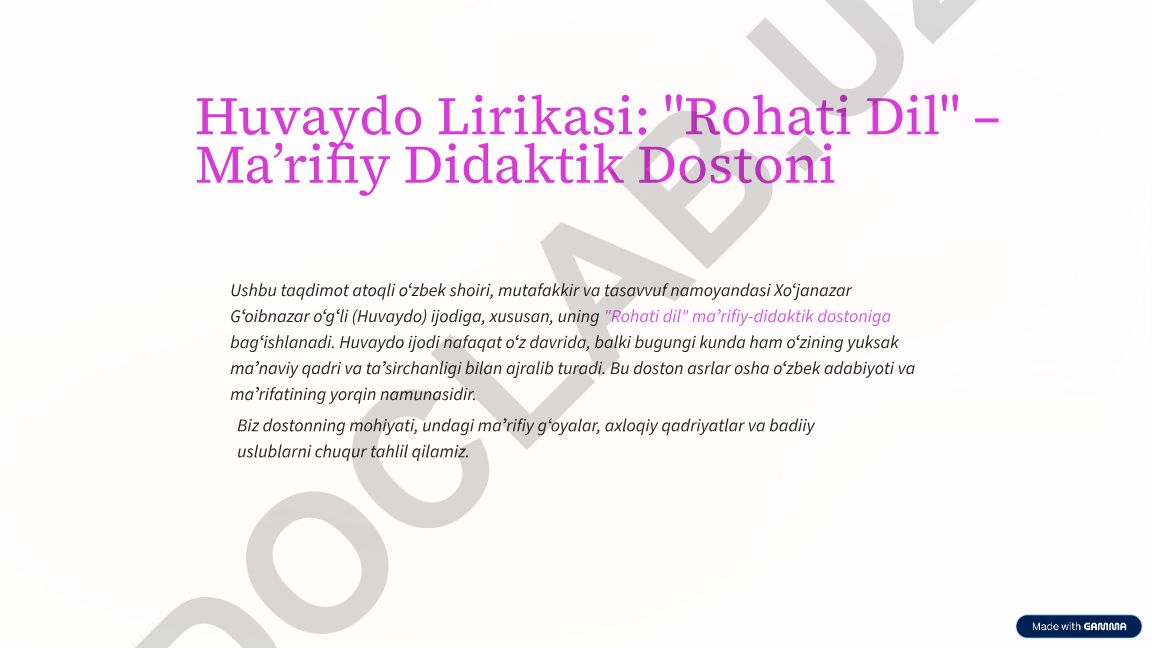Huvaydo Lirikasi: Rohati Dil – Ma’rifiy Didaktik Dostoni