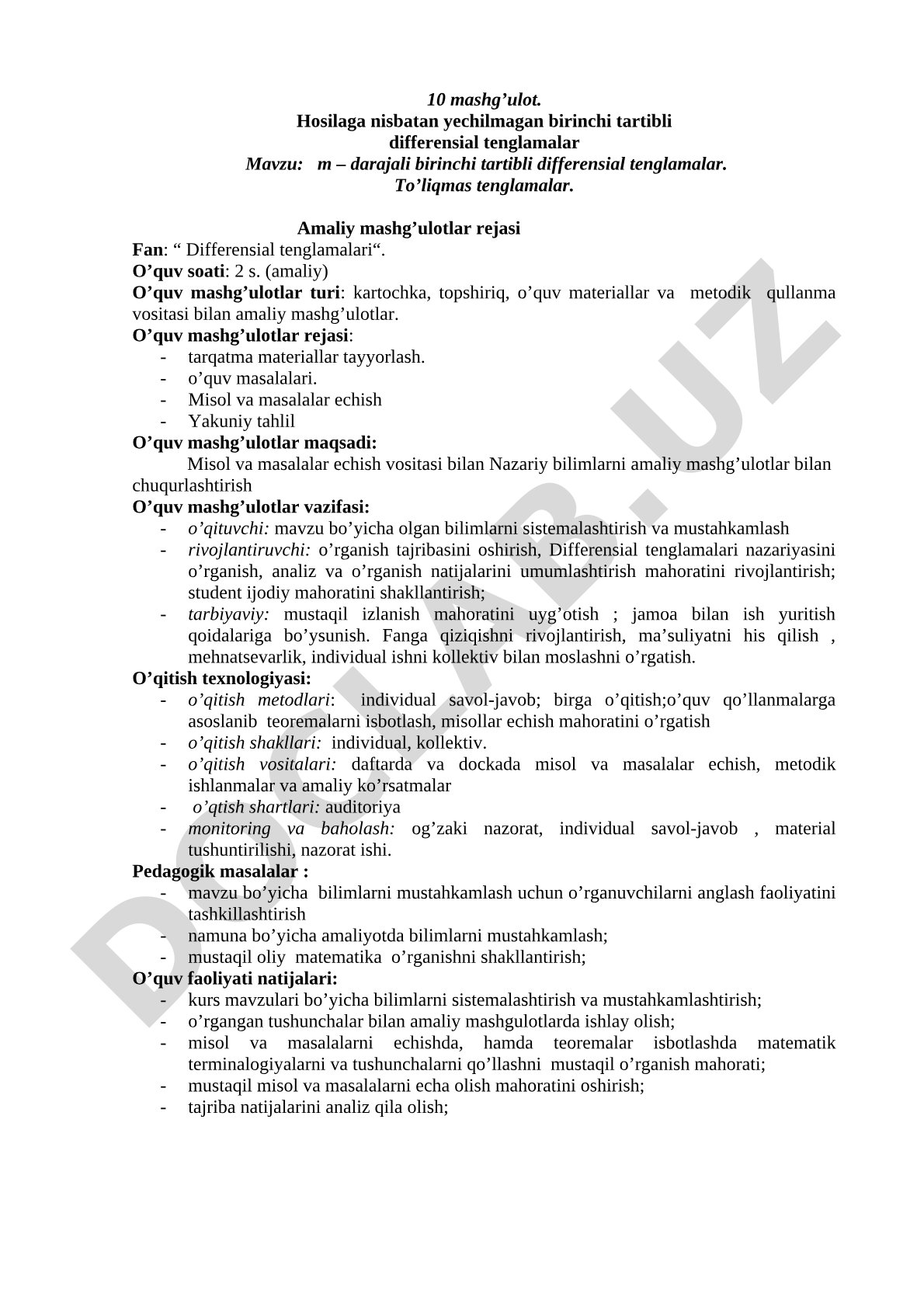 m – darajali birinchi tartibli differensial tenglamalar. To’liqmas tenglamalar
