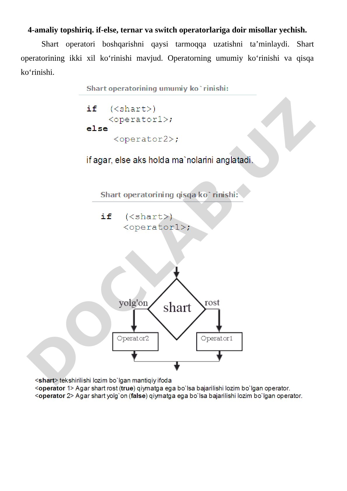 if-else, ternar va switch operatorlariga doir misollar yechish