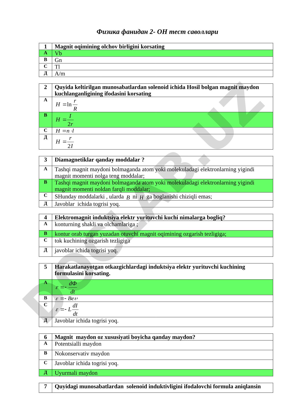 Fizika fanidan 2-ON test savollari