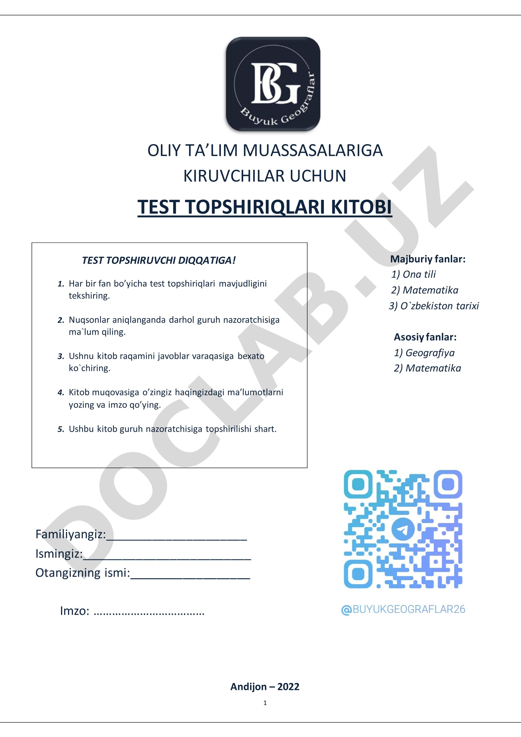 Oliy ta'lim muassasalariga kiruvchilar uchun test topshiriqlari