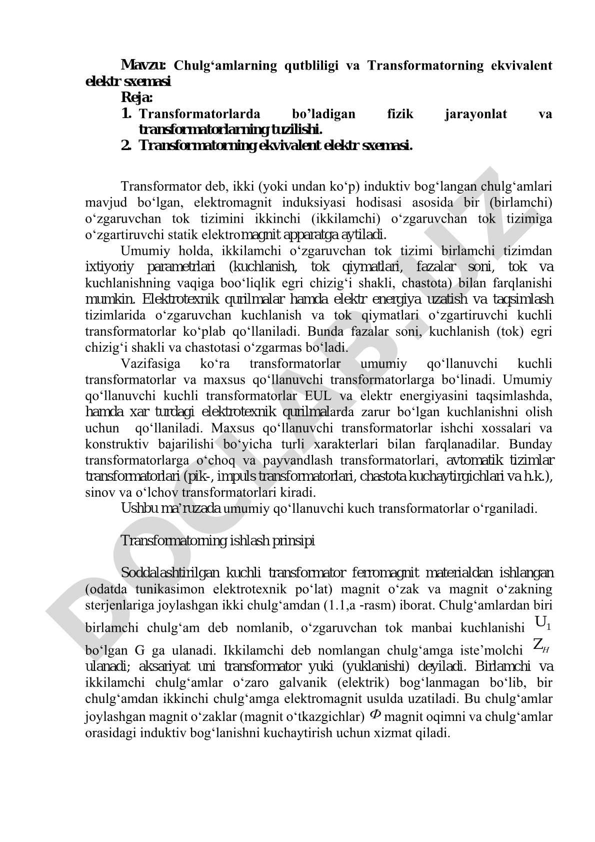 Chulg'amlarning qutbliligi va Transformatorning ekvivalent elektr sxemasi