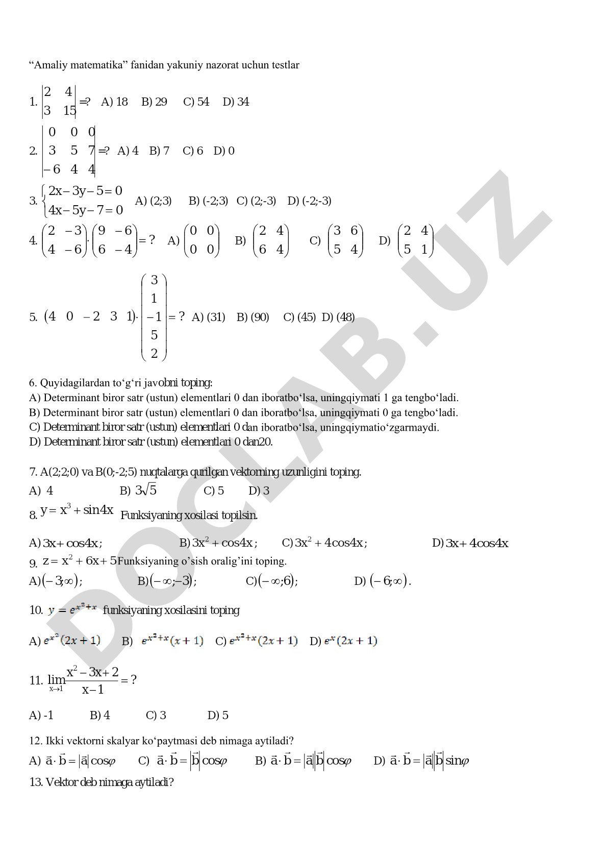 Amaliy matematika yakuniy nazorat testlari
