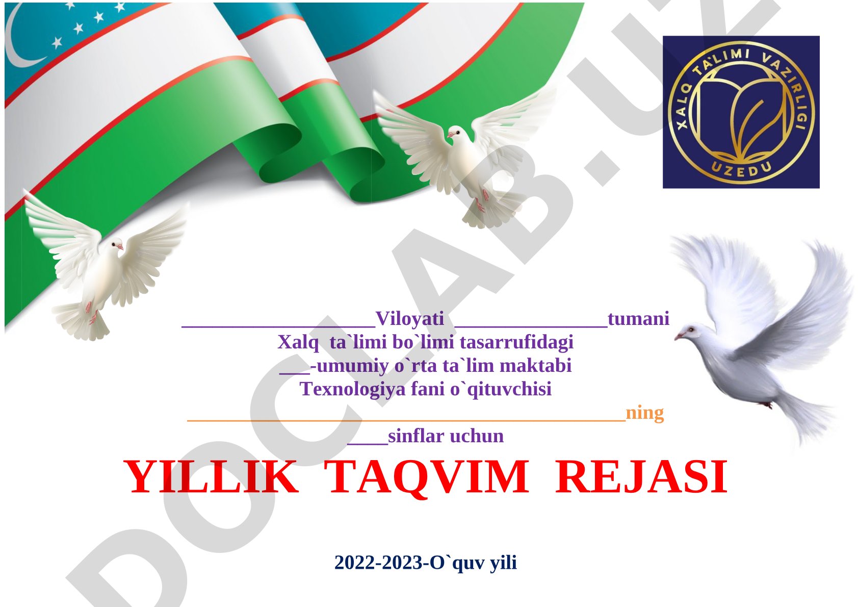 Texnologiya fani bo'yicha yillik taqvim reja