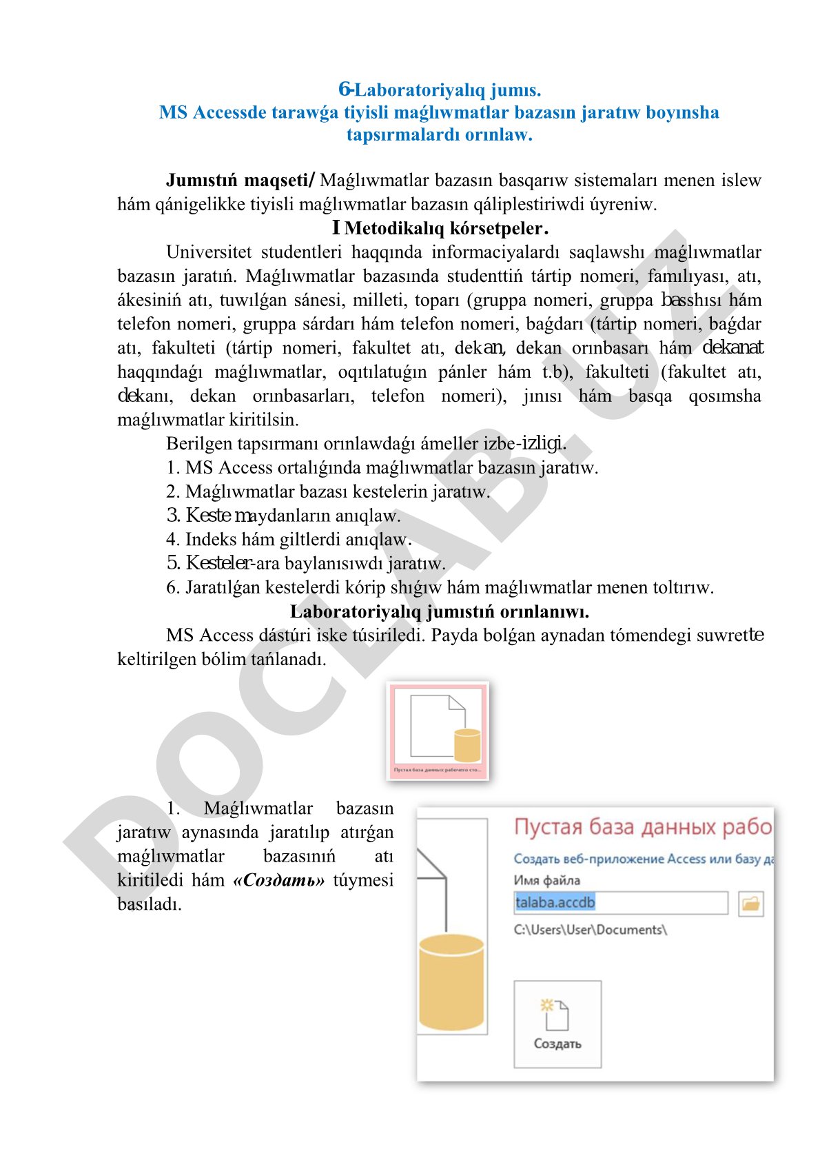 MS Accessde tarawǵa tiyisli maǵlıwmatlar bazasın jaratıw