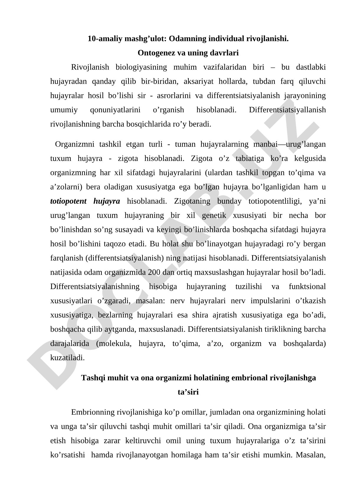 Odamning individual rivojlanishi. Ontogenez va uning davrlari