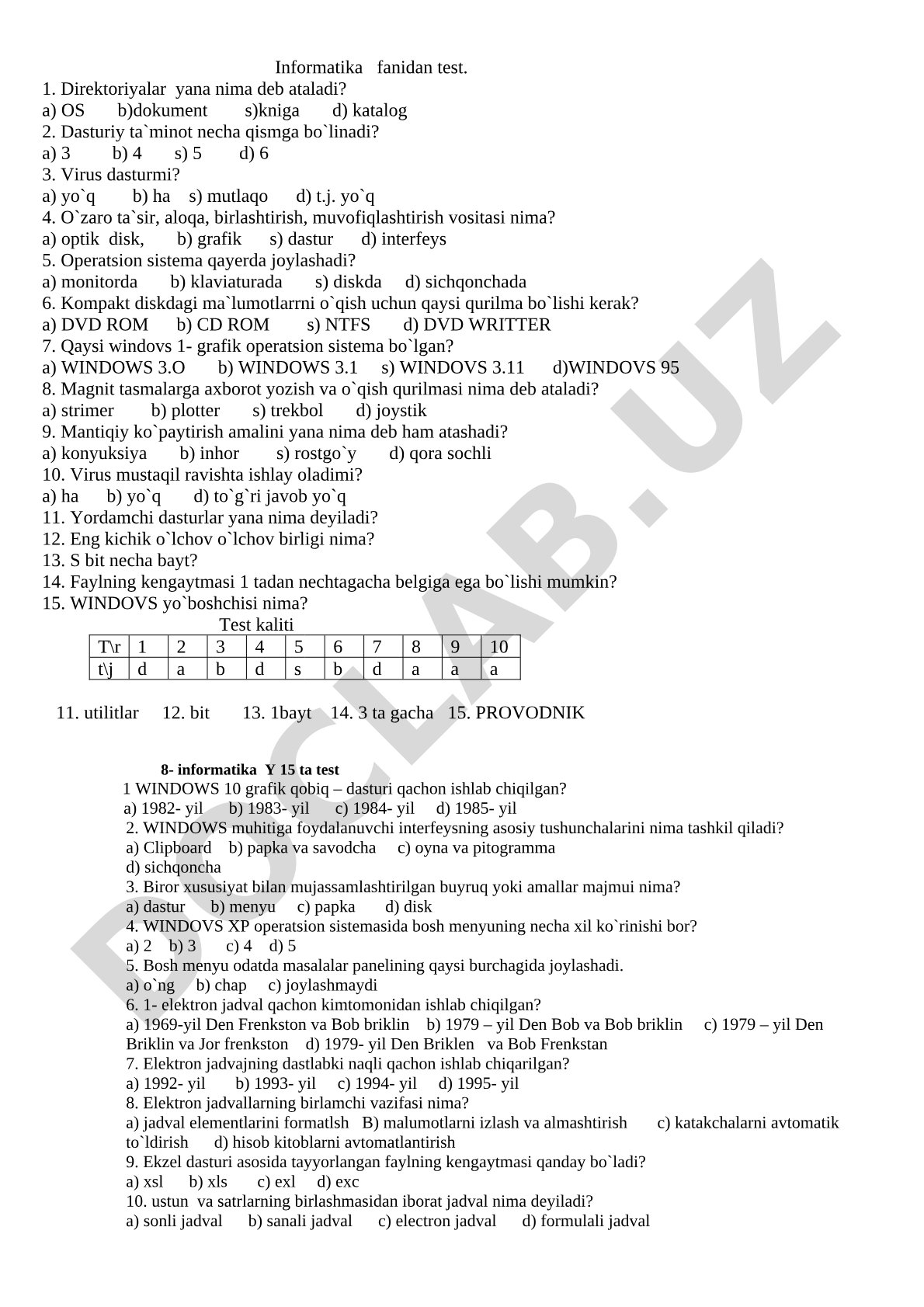 Informatika fanidan test