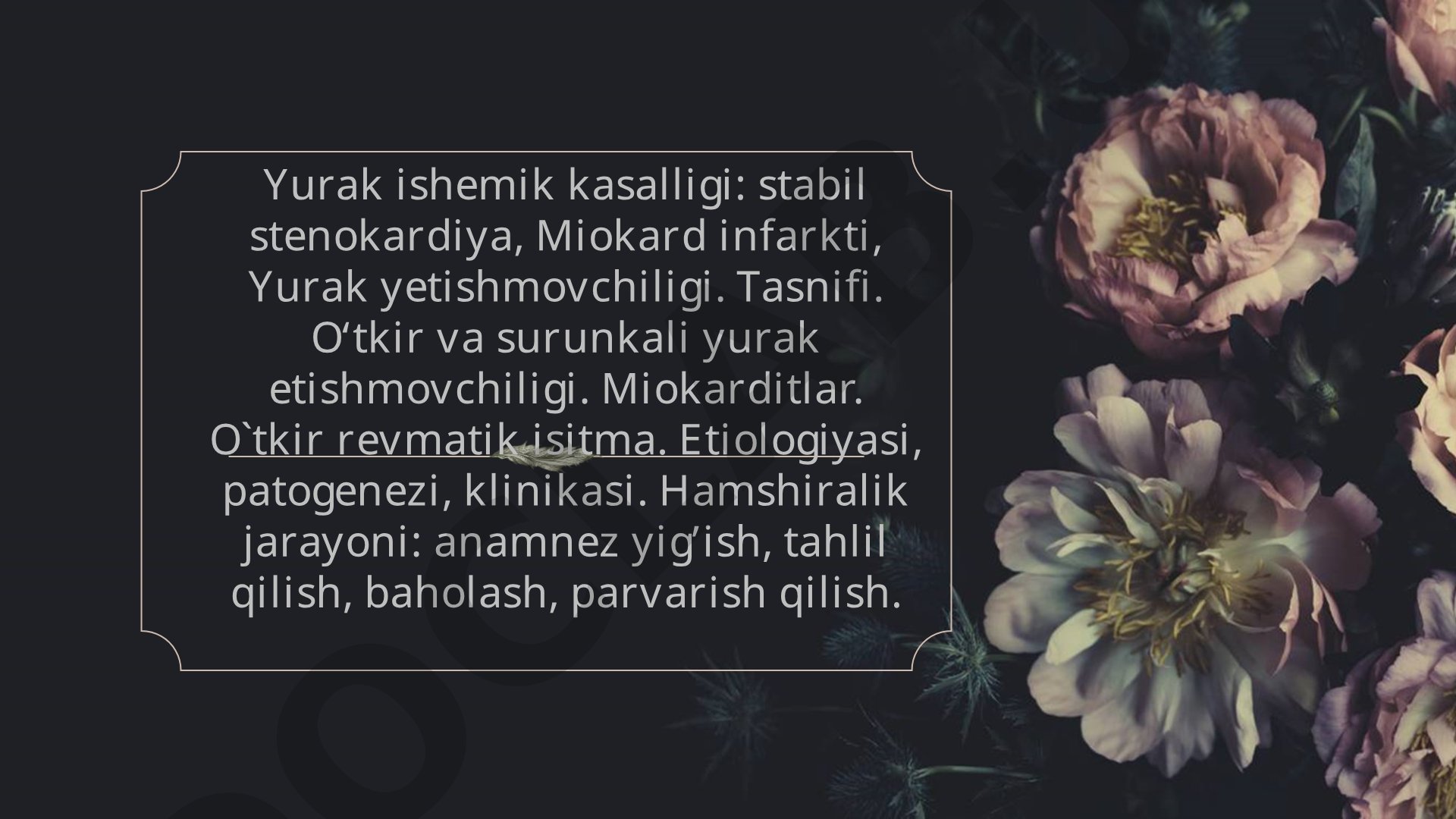 Yurak ishemik kasalligi: stabil stenokardiya, miokard infarkti, yurak yetishmovchiligi