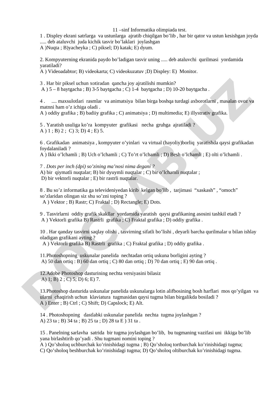 11 –sinf Informatika olimpiada test