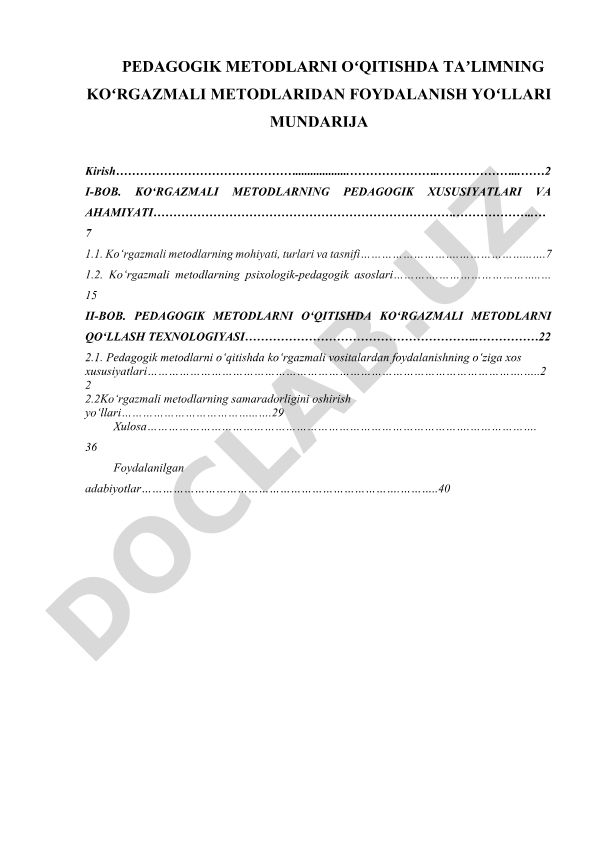 Pedagogik metodlarni o'qitishda ko'rgazmali metodlardan foydalanish yo'llari