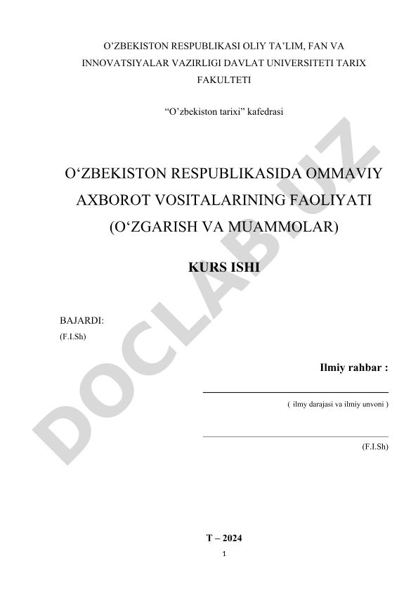 O'zbekiston Respublikasida ommaviy axborot vositalarining faoliyati (o'zgarish va muammolar)