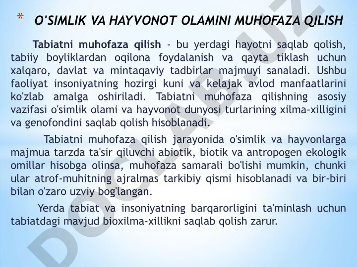 Tabiatni muhofaza qilish va o'simlik-hayvonot olamini saqlash