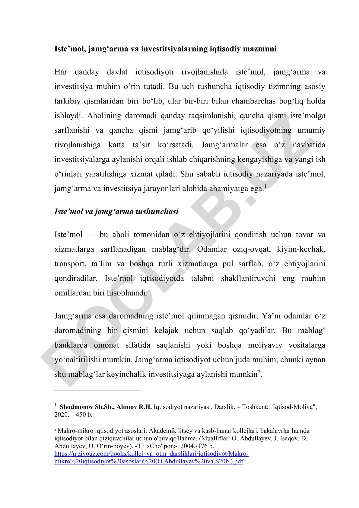 Iste’mol, jamg‘arma va investitsiyalarning iqtisodiy mazmuni