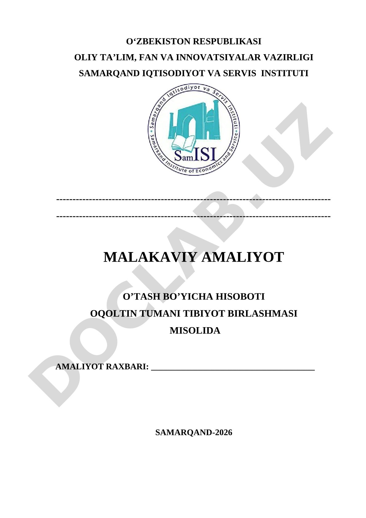 TIBIYOT BIRLASHMASI amaliyot hisoboti Oqoltin tumani tibbiyot birlashmasi misolida malakaviy amaliyot hisoboti