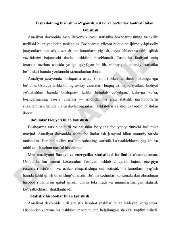 Buxoro viloyat statistika boshqarmasining tuzilishi va faoliyati