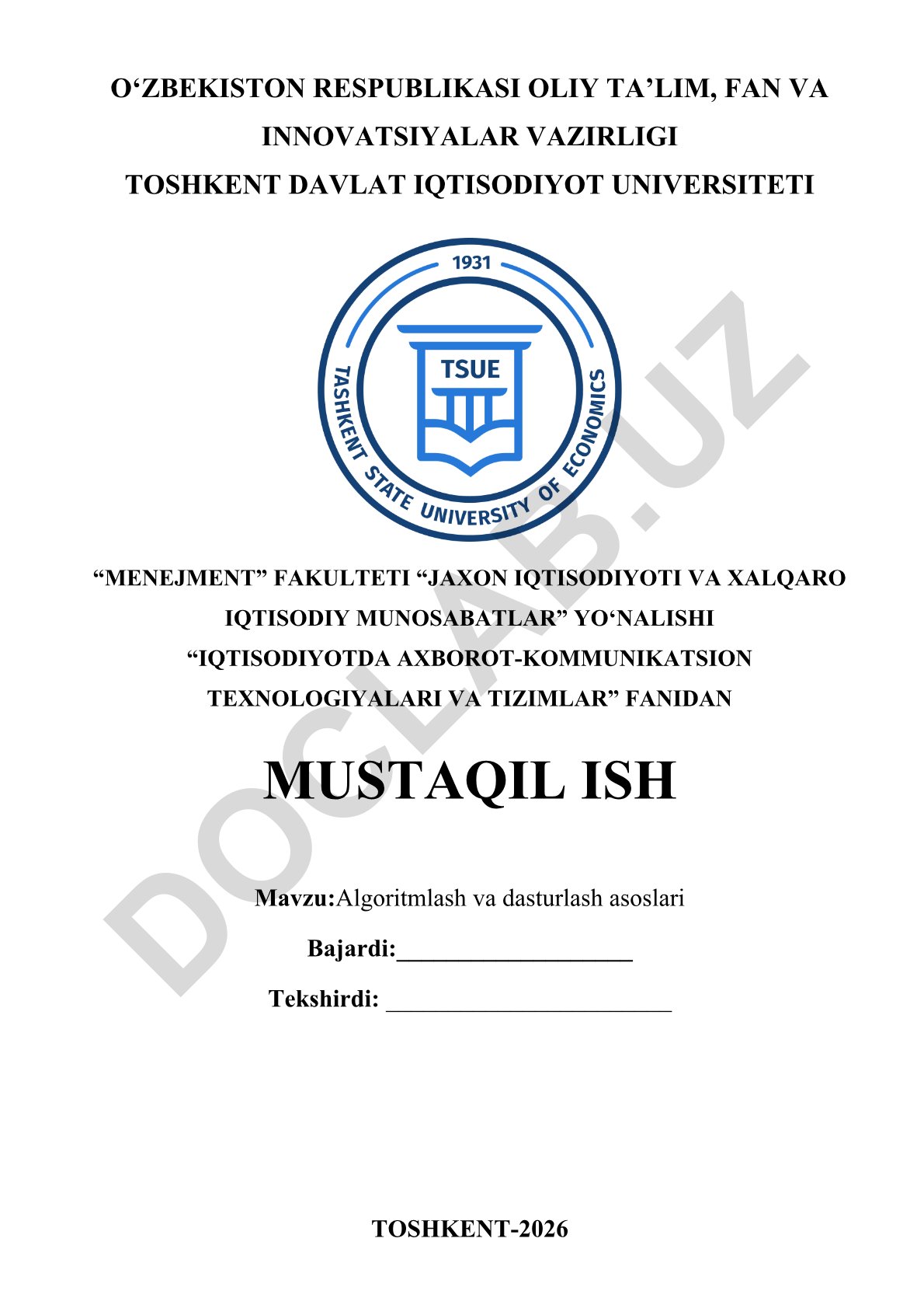 Algoritmlash va dasturlash asoslari
