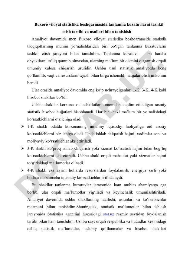 Tanlanma kuzatuvlarni tashkil etish tartibi va usullari