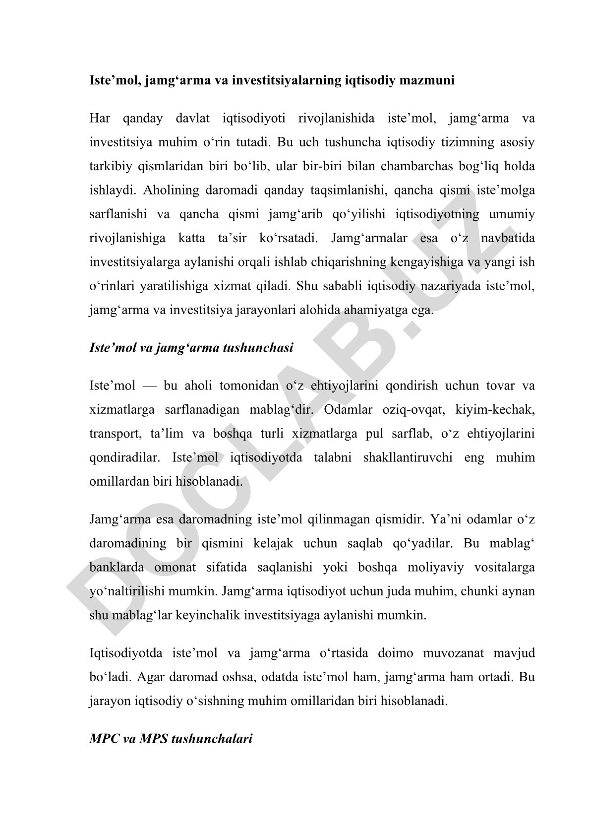 Iste’mol, jamg‘arma va investitsiyalarning iqtisodiy mazmuni