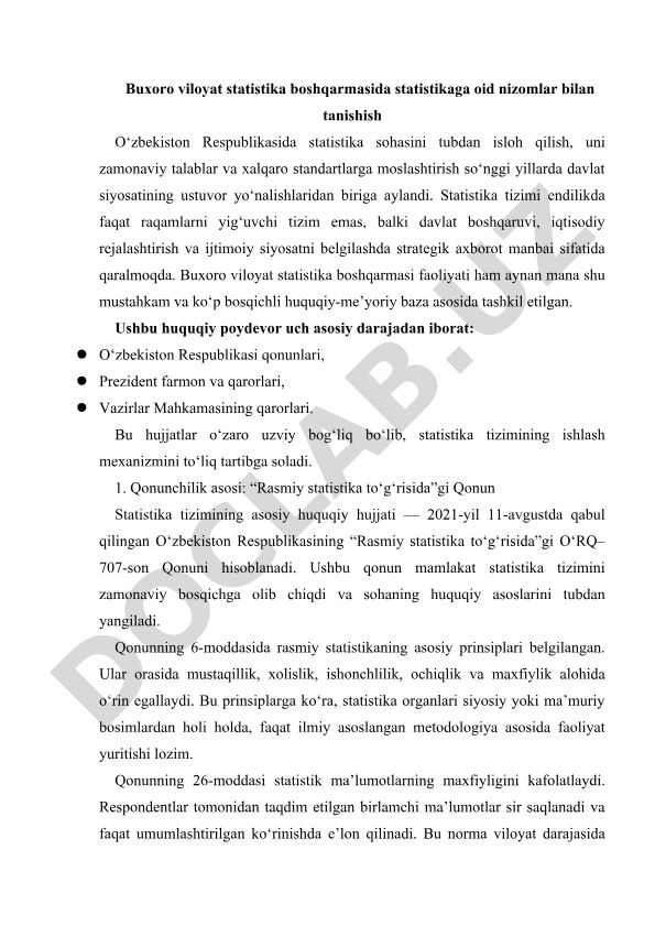 Buxoro viloyat statistika boshqarmasida statistikaga oid nizomlar bilan tanishish