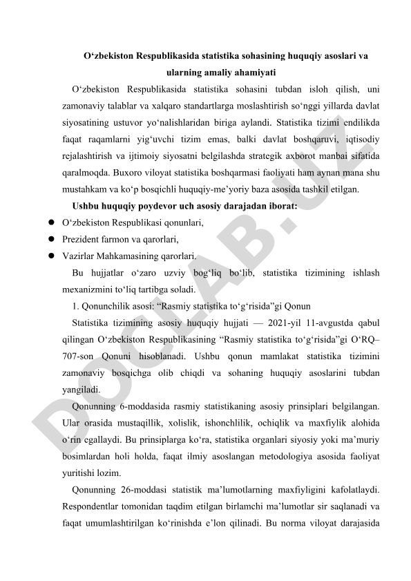 O‘zbekiston Respublikasida statistika sohasining huquqiy asoslari va ularning amaliy ahamiyati