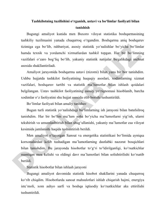 Buxoro viloyat statistika boshqarmasi tashkiliy tuzilmasi va faoliyati