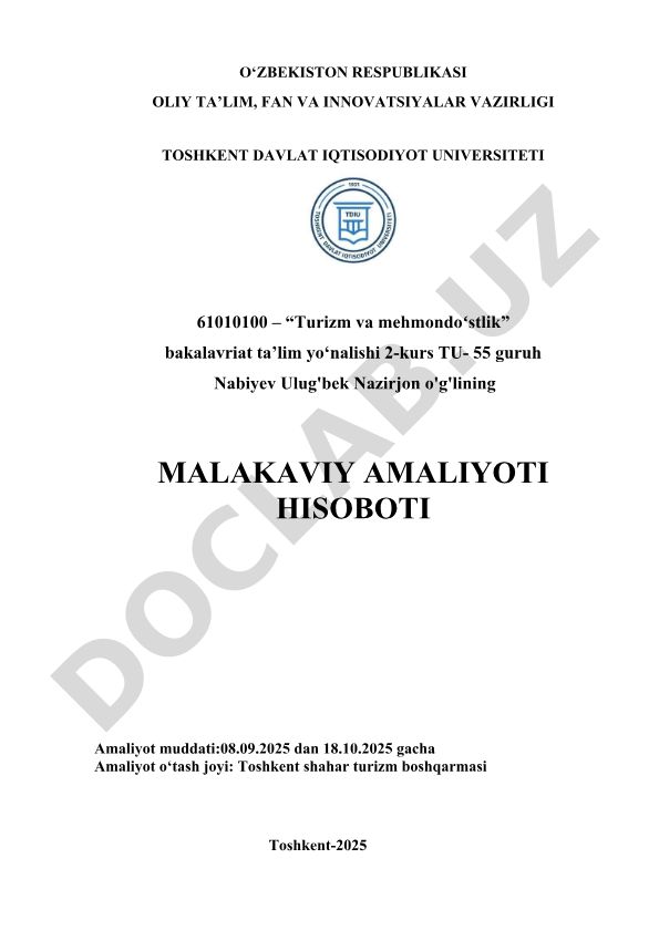 Toshkent shahar turizm boshqarmasida malakaviy amaliyot hisoboti