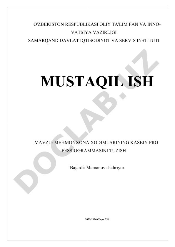 Mehmonxona xodimlarining kasbiy professiogrammasini tuzish