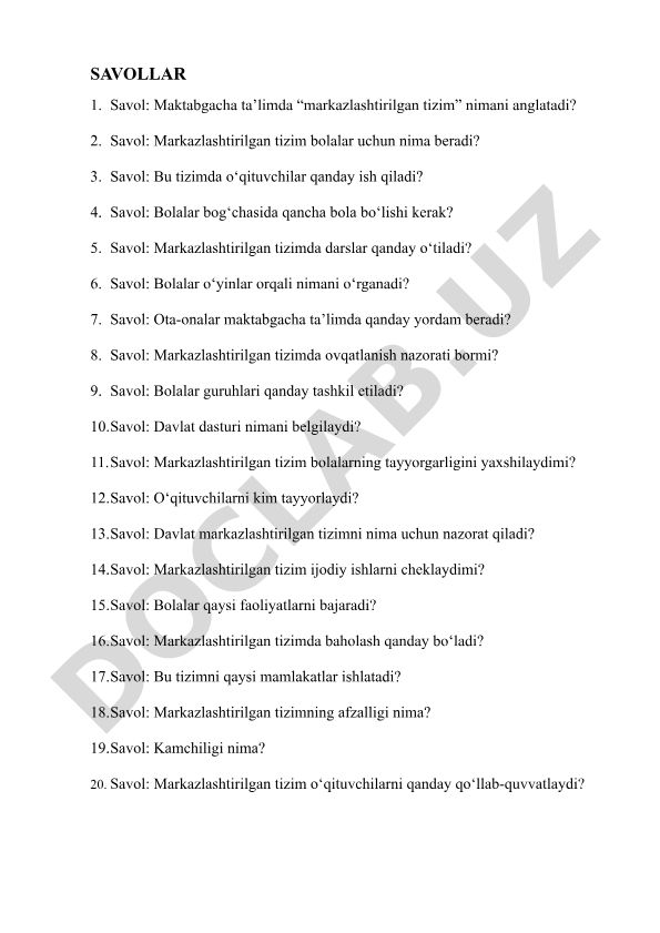 Maktabgacha ta'limda markazlashtirilgan tizim