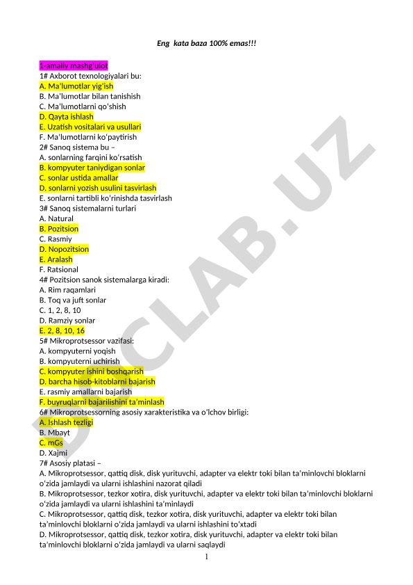 Axborot texnologiyalari va kompyuter tizimlari bo'yicha test savollari
