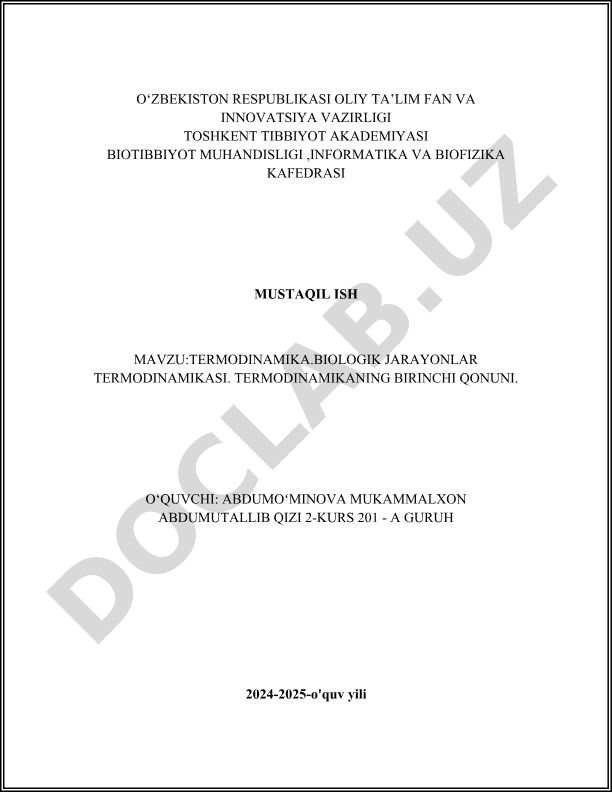 Termodinamika va biologik jarayonlar termodinamikasi