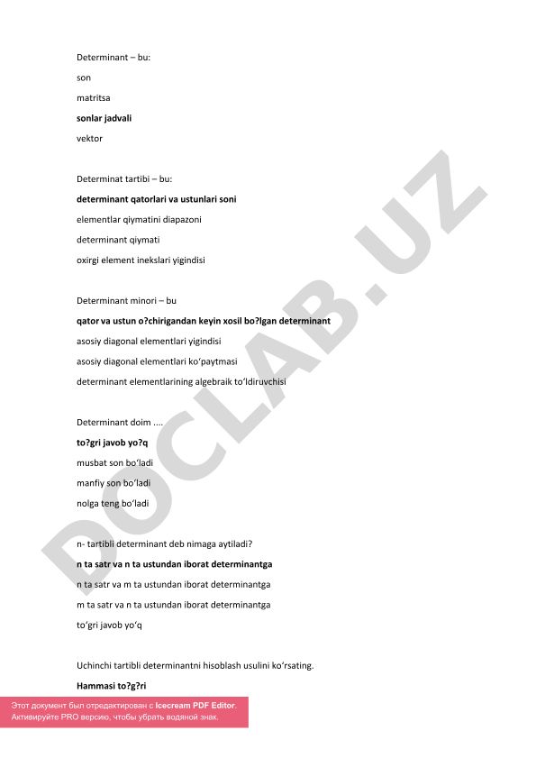 Determinantlar va ularni hisoblash usullari