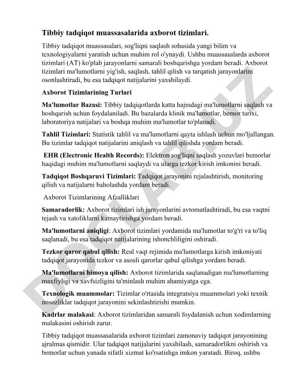 Tibbiy tadqiqot muassasalarida axborot tizimlari