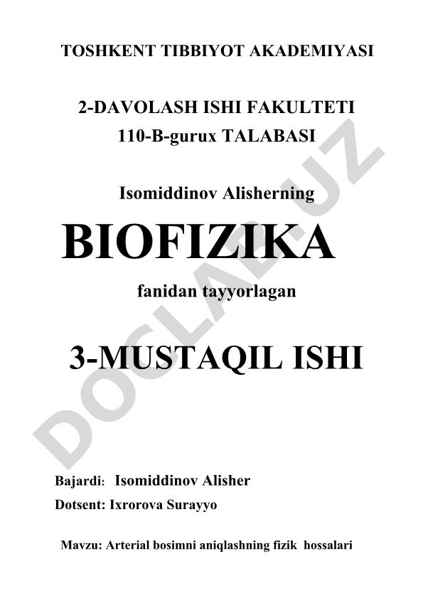 Arterial bosimni aniqlashning fizik hossalari