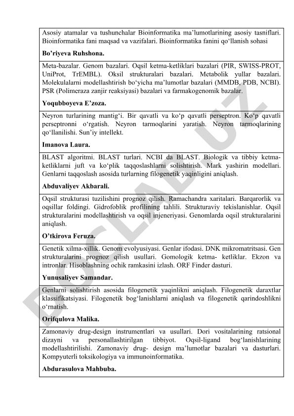 Bioinformatika fanining asosiy tushunchalari va ma'lumotlar bazalari